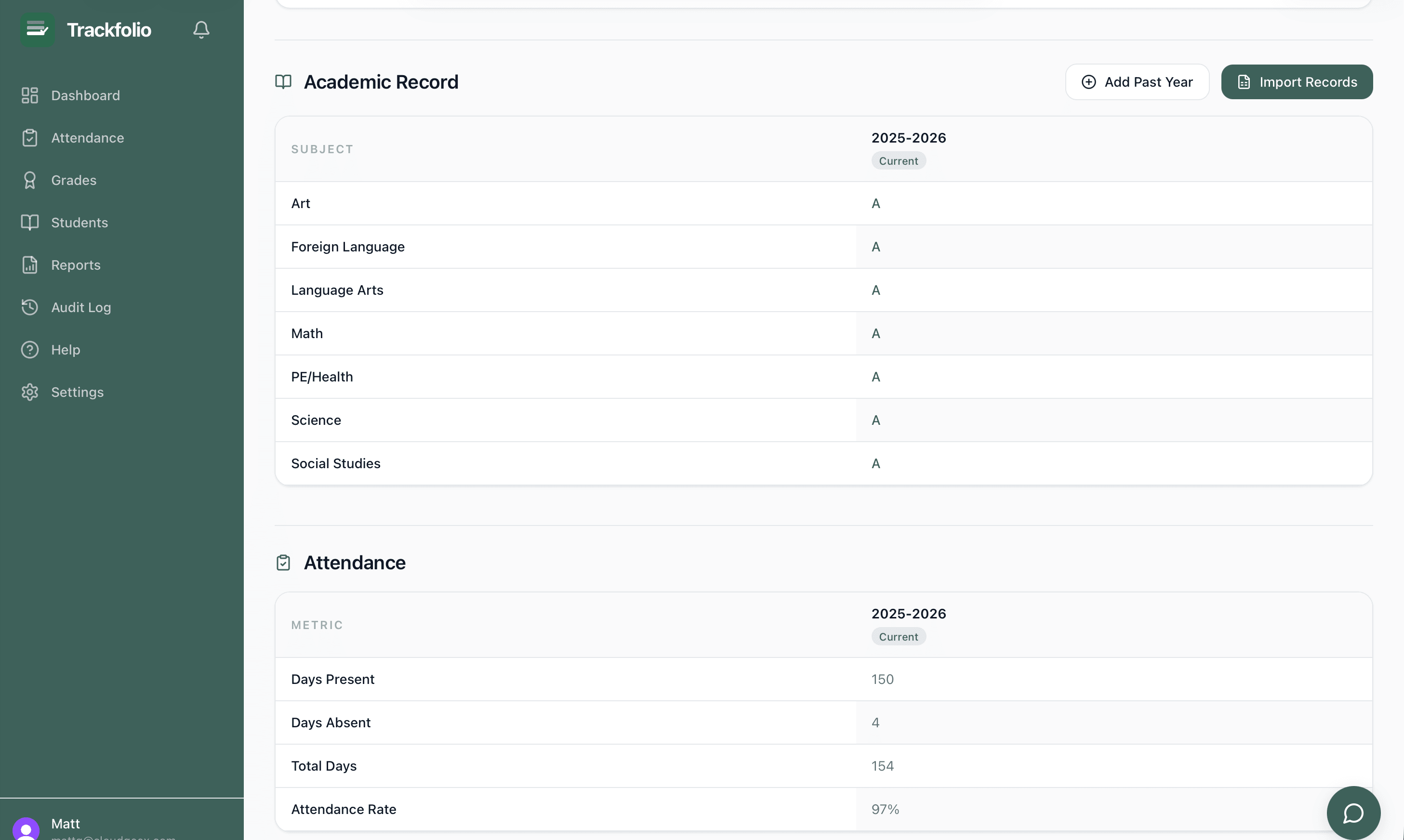 Trackfolio portfolio evidence list with uploaded assignments and supporting learning artifacts